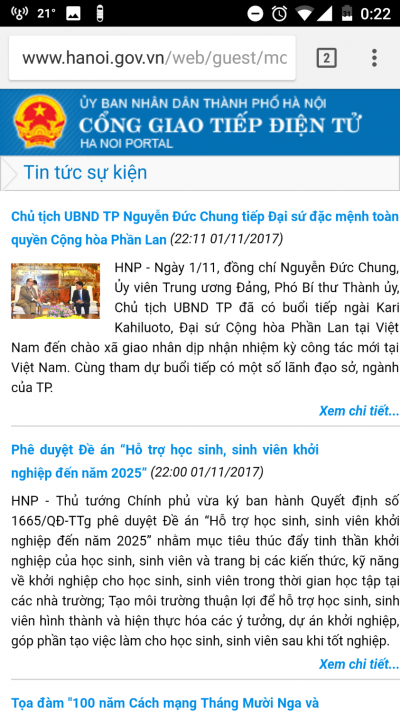 Ảnh chụp màn hình website hanoi.gov.vn - tháng 11-2017
