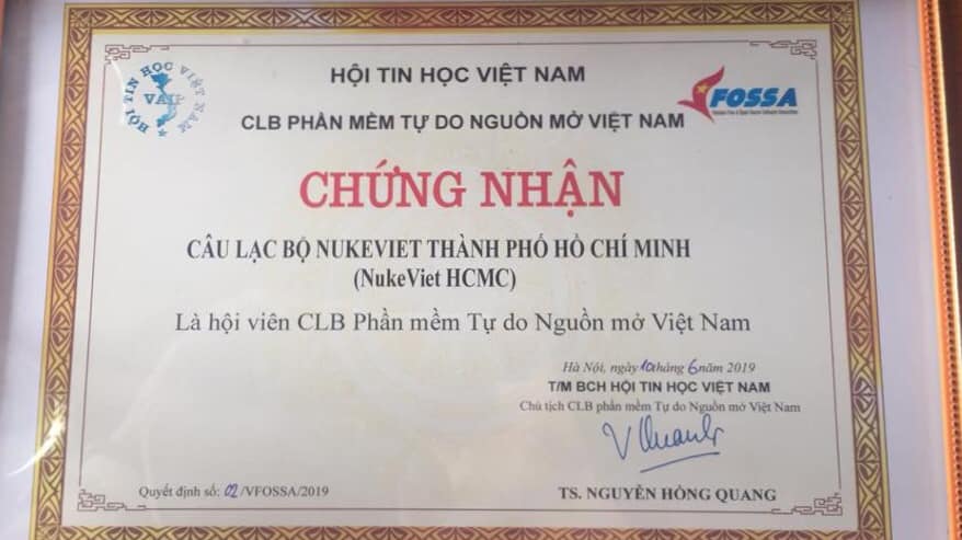 CLB NukeViet HCMC nhận chứng nhận trở thành hội viên tập thể của VFOSSA