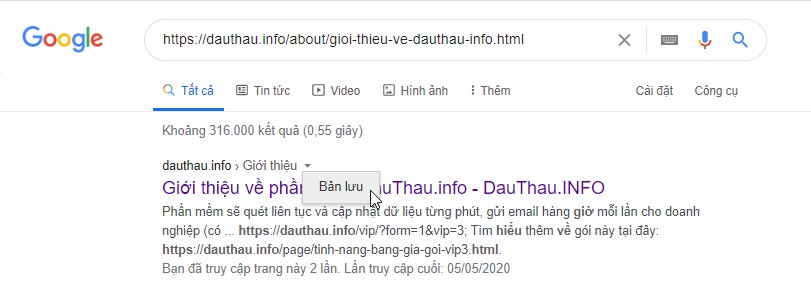 Kết quả tìm kiếm theo URL trên Google