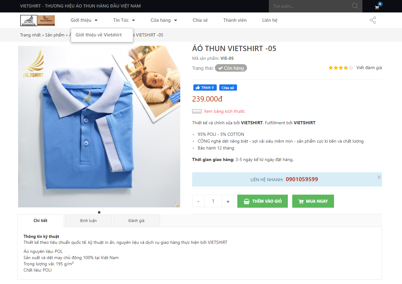Giao diện website bán hàng áo thun, đồng phục Vietshirt 2